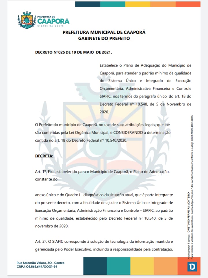 Prefeitura de Caaporã publica Decreto n.º 025/2021