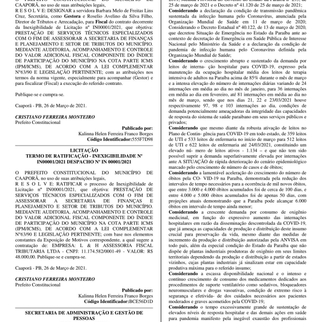 Publicação do DECRETO N- 015/2021 