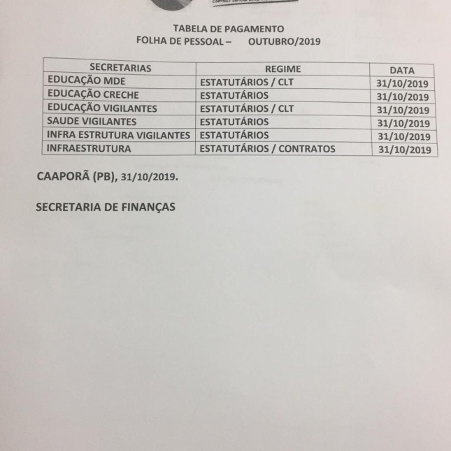 TABELA DE PAGAMENTOS (31/10/2019)