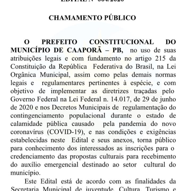 Prefeitura de Caaporã publica Edital Nº 004/2020 - Chamamento Público