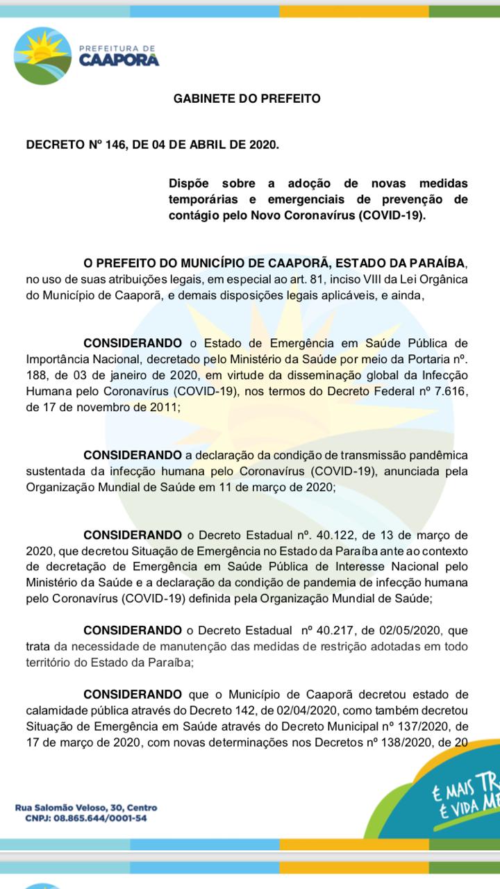 Prefeitura de Caaporã publica Decreto nº 146/2020