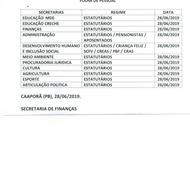 TABELA DE PAGAMENTOS  (28/06/2019)