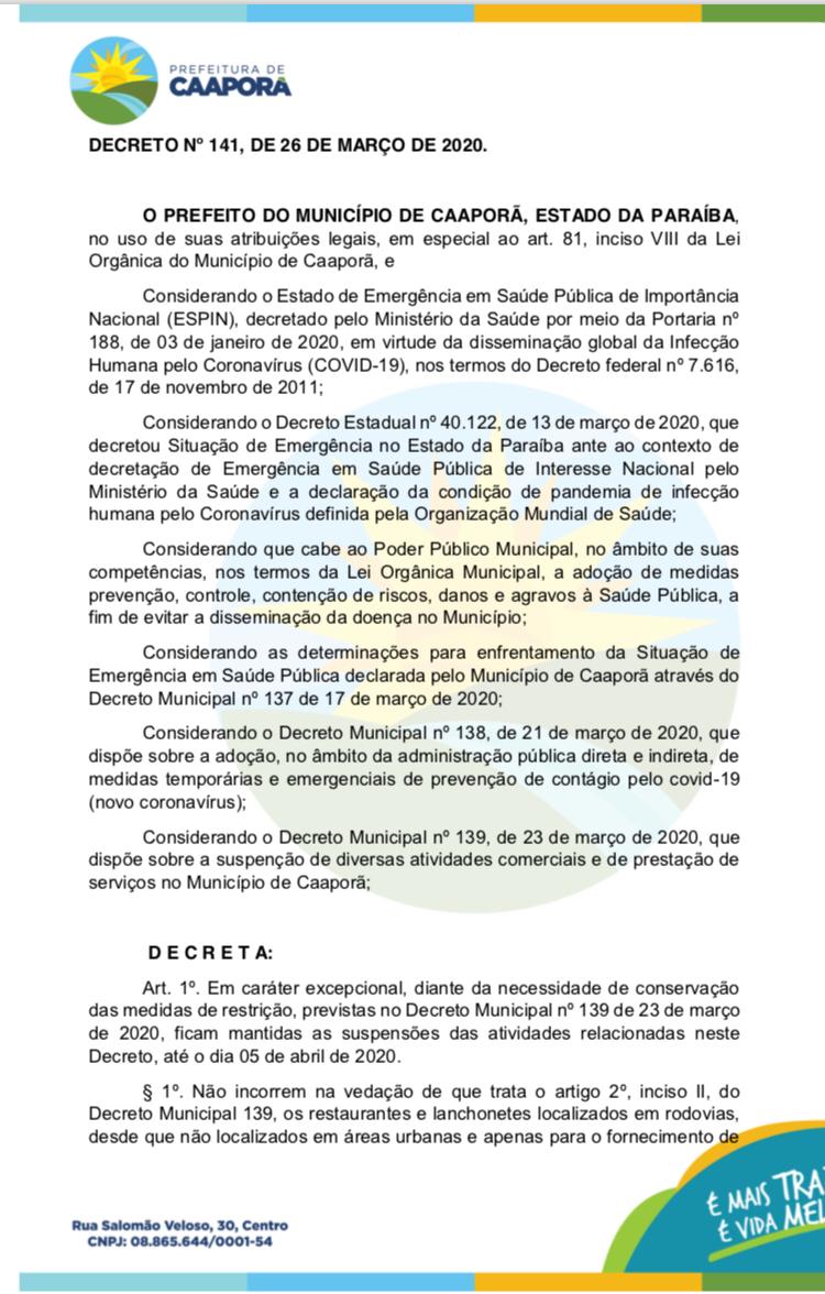 Prefeitura de Caaporã publica Decreto nº 141/2020