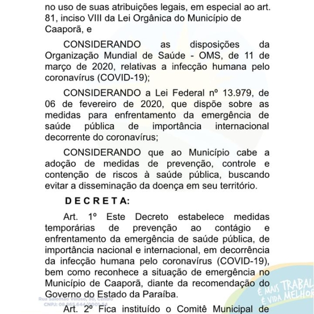Prefeitura de Caaporã publica Decreto nº 137/2020