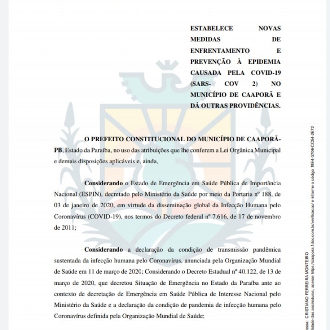 Prefeitura de Caaporã publica Decreto n.º 017/2021
