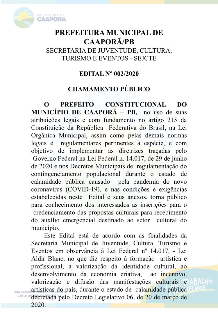 Prefeitura de Caaporã publica Edital Nº 002/2020 - Chamamento Público