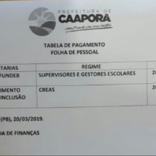 TABELA DE PAGAMENTO