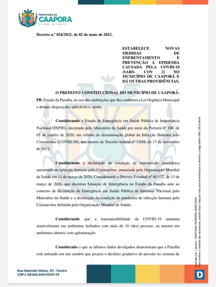 Prefeitura de Caaporã publica DECRETO Nº 024/2021
