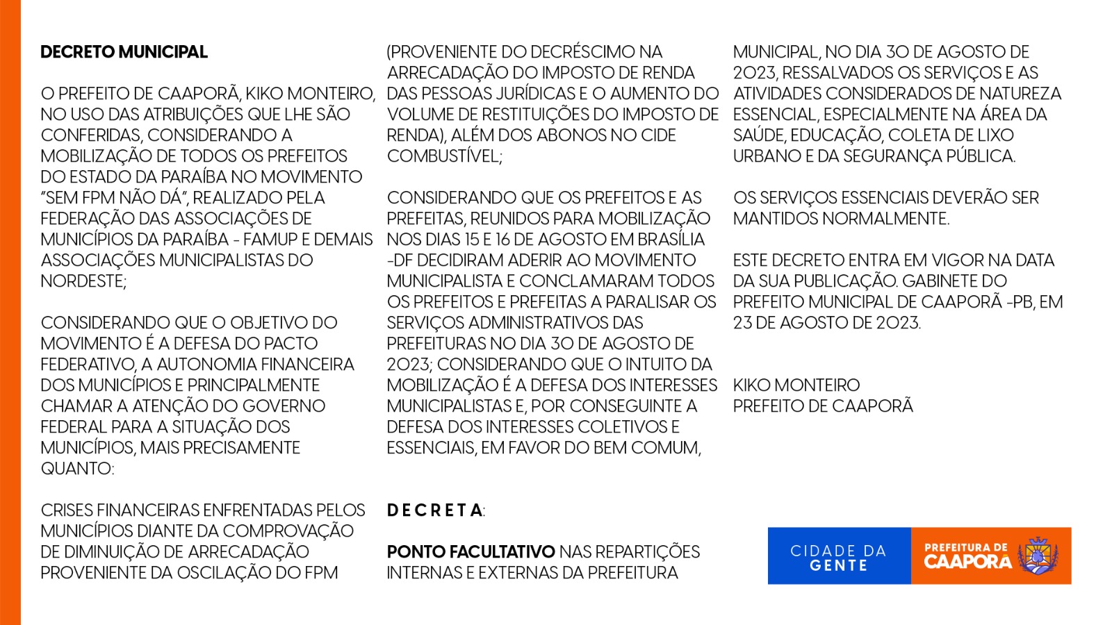 PONTO FACULTATIVO ´´ SEM FPM NÃO DÁ ``