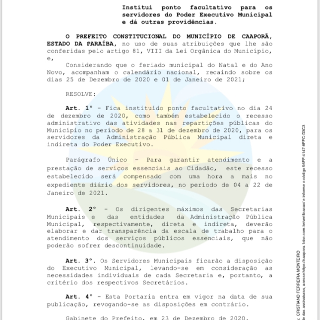 Prefeitura de Caaporã publica portaria N° 127/2020