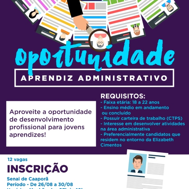 ABERTAS AS INSCRIÇÕES PARA APRENDIZ ADMINISTRATIVO DA ELIZABETH CIMENTOS