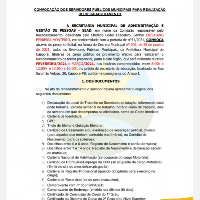 Prefeitura de Caaporã publica EDITAL Nº 001/2021, acerca do recadastramento de servidores