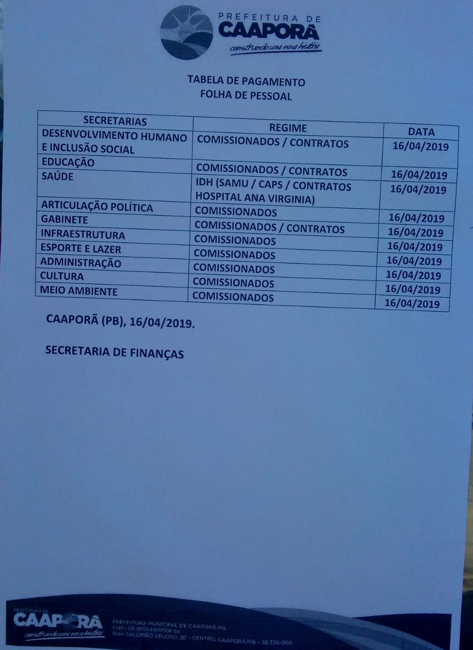 TABELA DE PAGAMENTOS (16/04/2019)