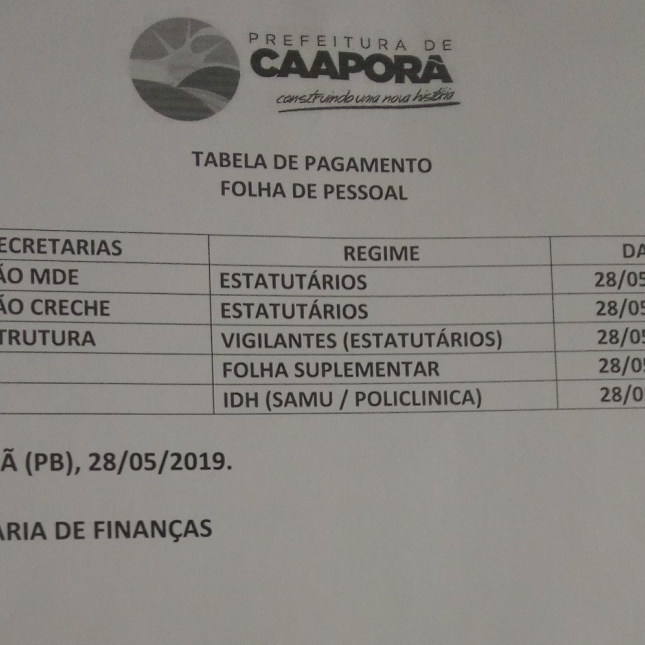 TABELA DE PAGAMENTOS (28/05/2019)