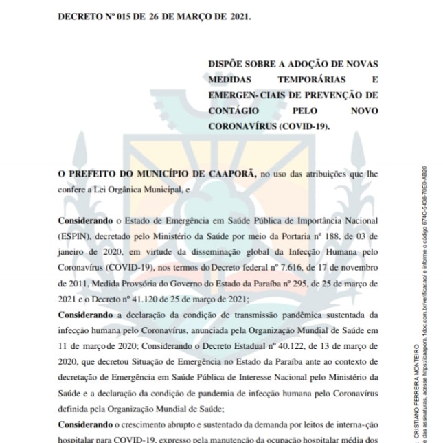 Prefeitura de Caaporã publica DECRETO Nº 015/2021