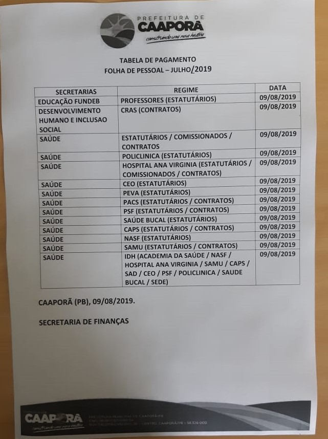 TABELA DE PAGAMENTOS  (09/08/2019)