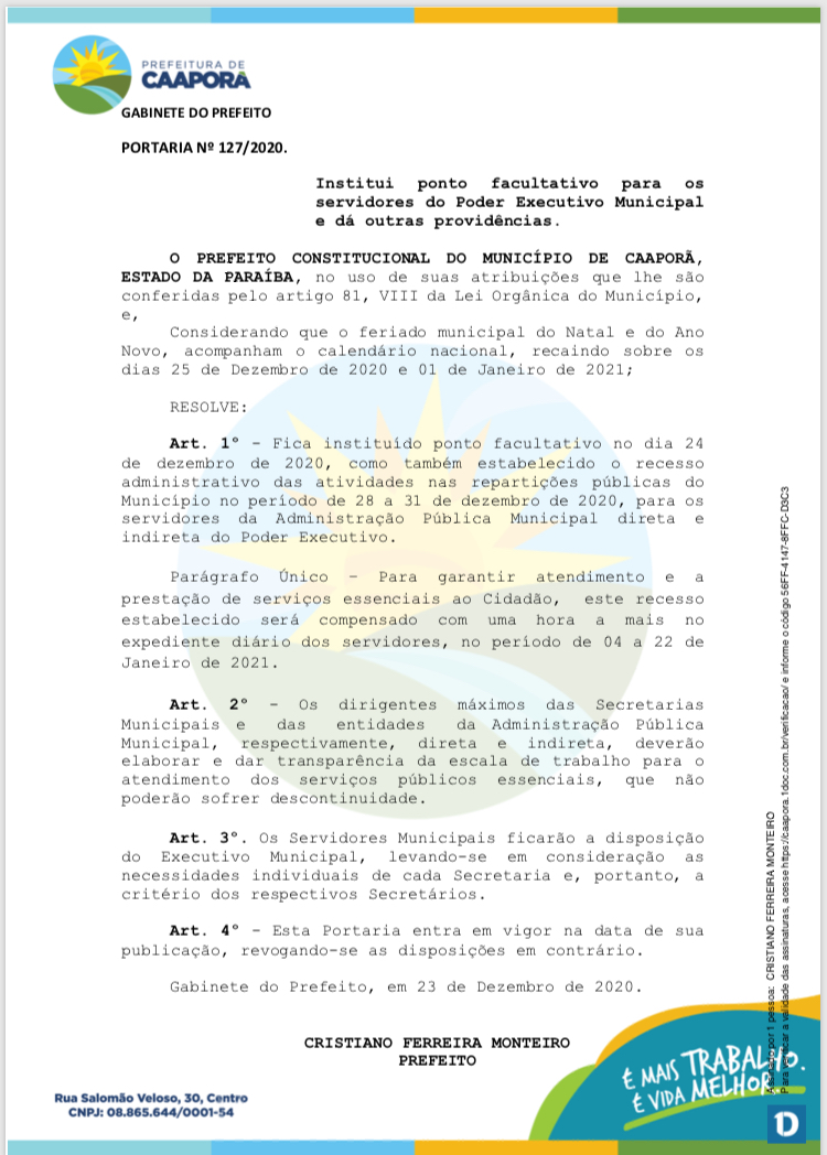 Prefeitura de Caaporã publica portaria N° 127/2020