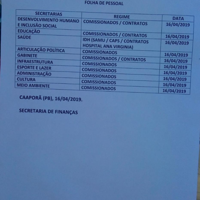 TABELA DE PAGAMENTOS (16/04/2019)