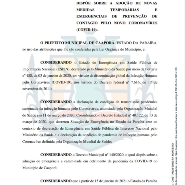 Prefeitura de Caaporã publica Decreto Nº 010/2021