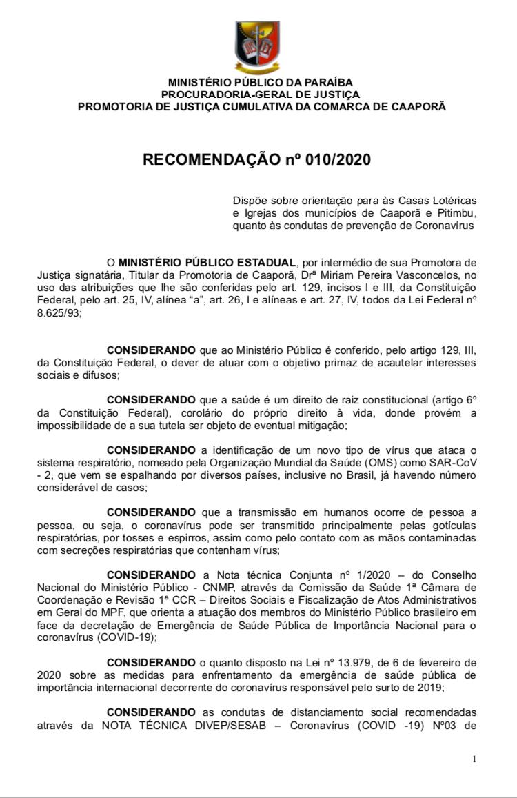 Ministério Público publica Recomendação nº 010/2020, afim de orientar Casas Lotéricas e Igrejas dos municípios de Caaporã e Pitimbu