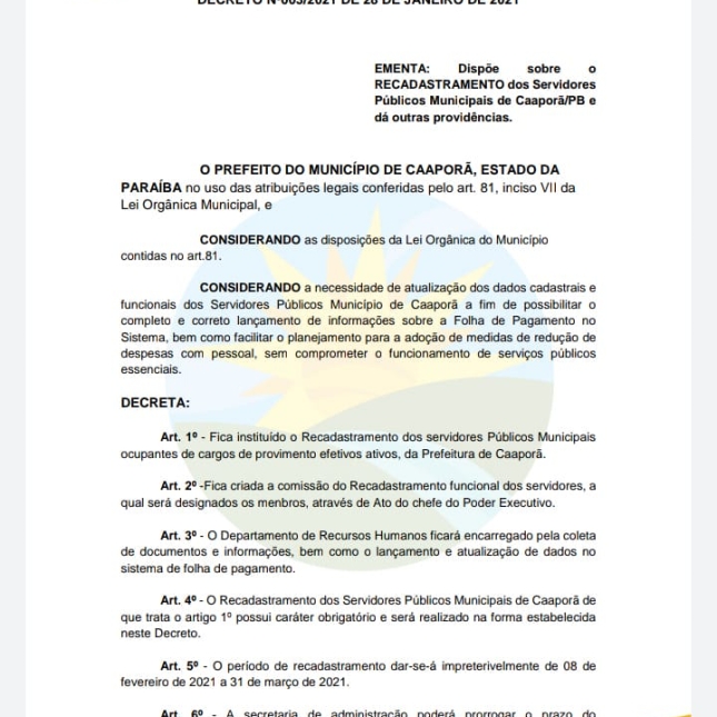 Prefeitura de Caaporã publica DECRETO Nº003/2021