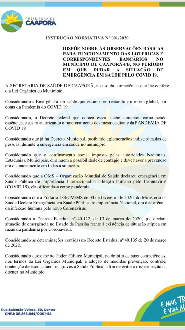 Prefeitura de Caaporã publica Instrução Normativa acerca de funcionamento de Lotéricas e correspondentes bancários do município