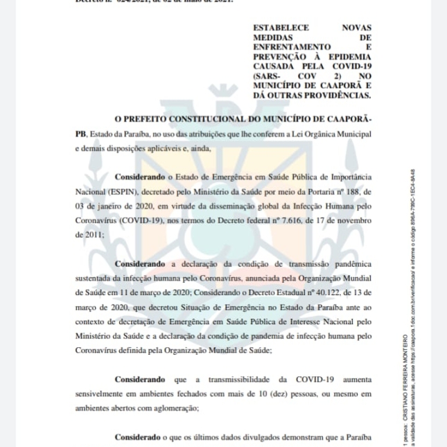 Prefeitura de Caaporã publica DECRETO Nº 024/2021