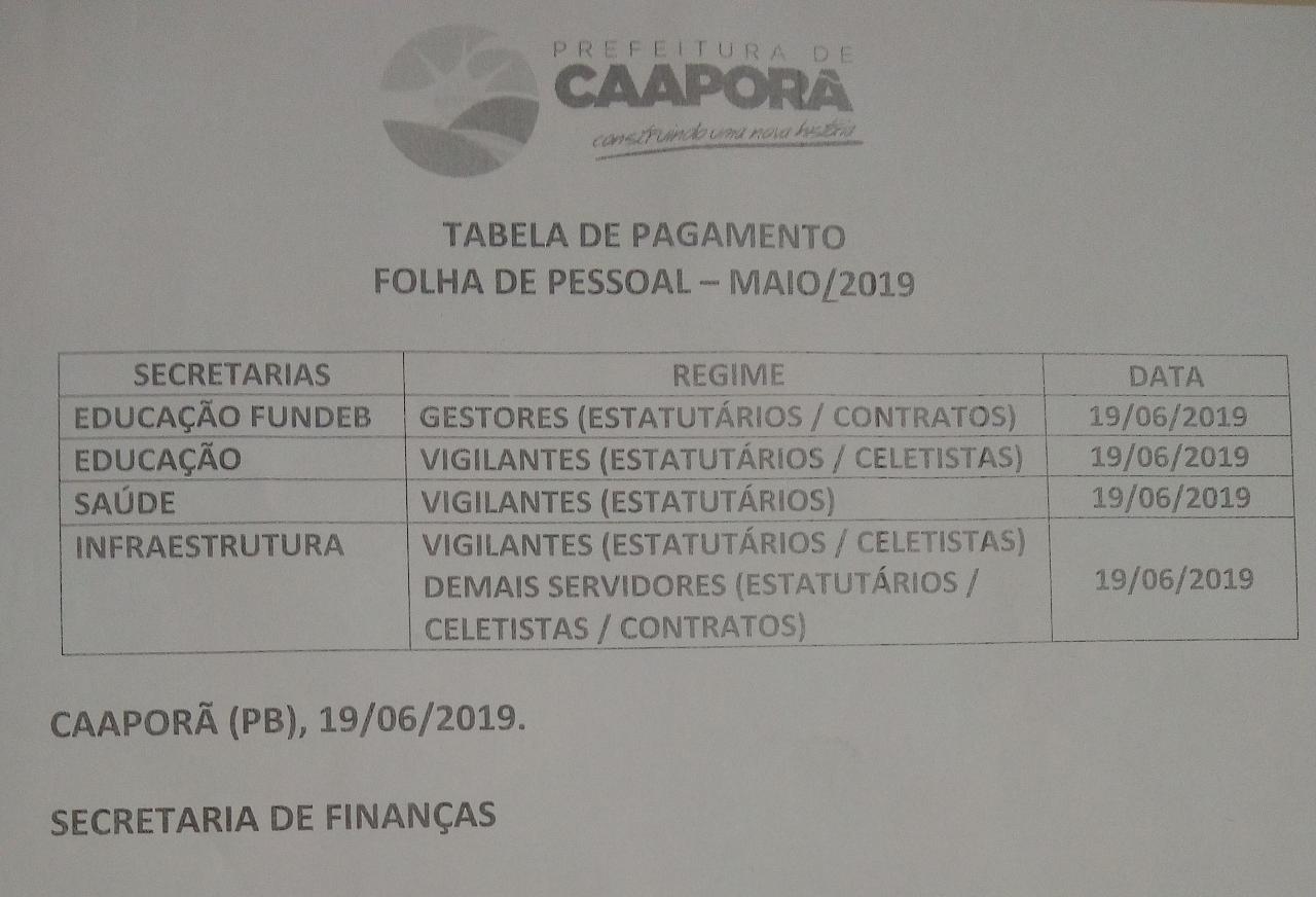 TABELA DE PAGAMENTOS (19/06/2019)..