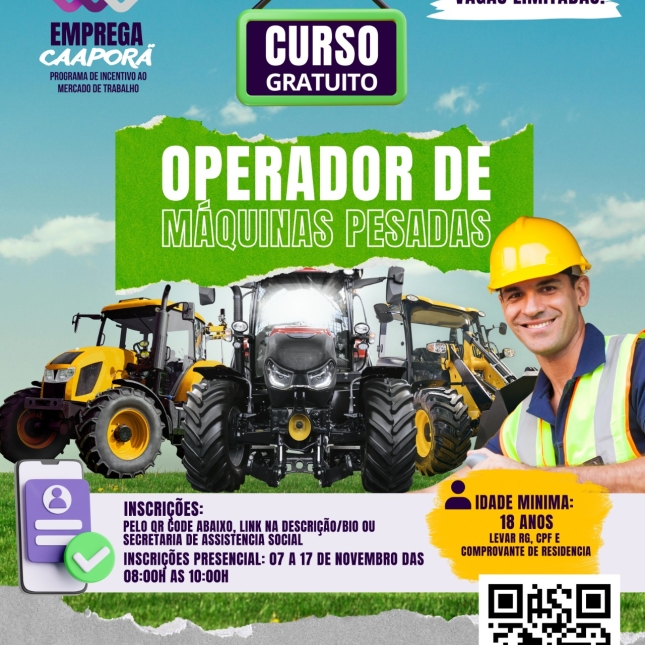 Prefeitura de Caaporã abre inscrições para curso gratuito de operador de máquinas pesadas