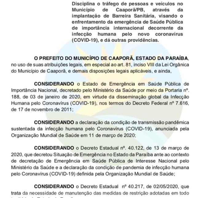 Prefeitura de Caaporã publica Decreto nº 147/2020