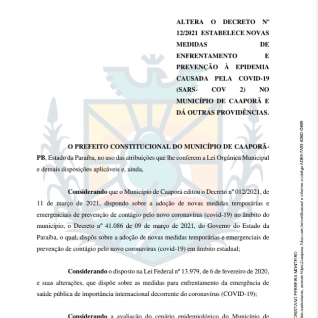Prefeitura de Caaporã altera Decreto Nº 014/2021