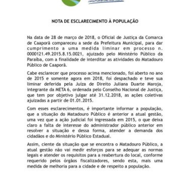 Prefeitura de Caaporã esclarece interdição do matadouro público em ação do MP de 2015