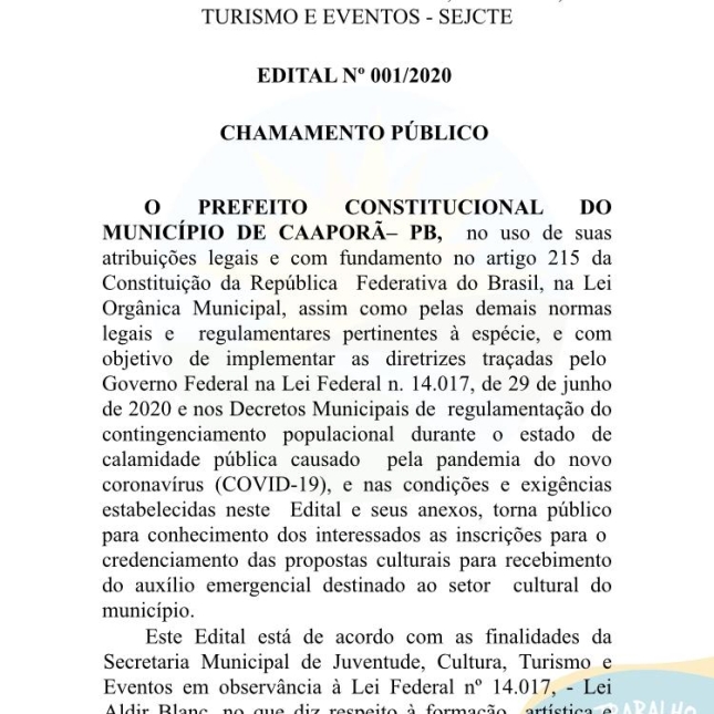 Prefeitura de Caaporã publica Edital Nº 001/2020 - Chamamento Público