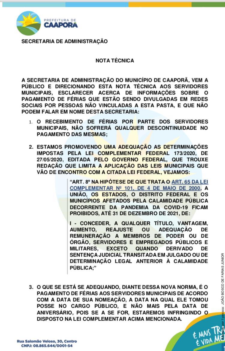 Secretaria de Administração esclarece informações acerca do pagamento de férias, através de Nota Técnica