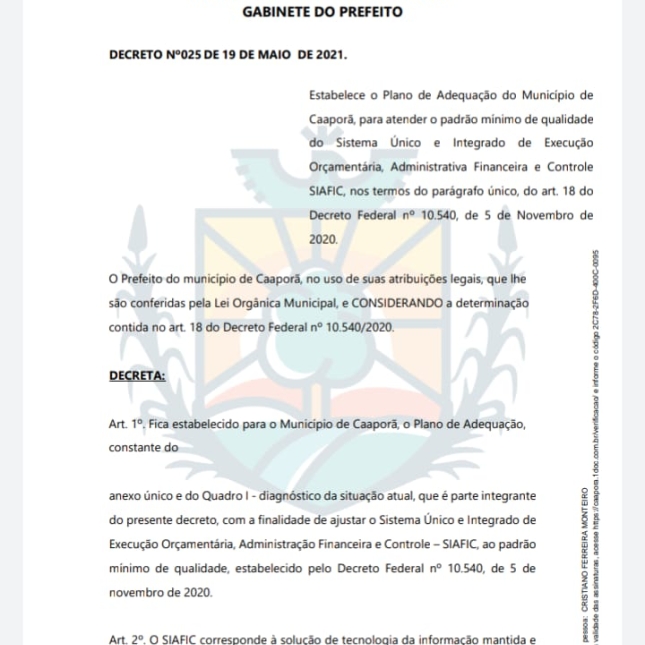 Prefeitura de Caaporã publica Decreto n.º 025/2021
