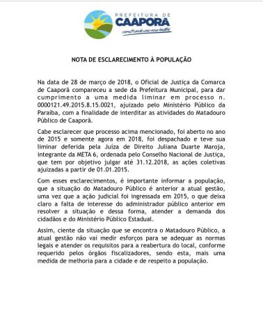 Prefeitura de Caaporã esclarece interdição do matadouro público em ação do MP de 2015