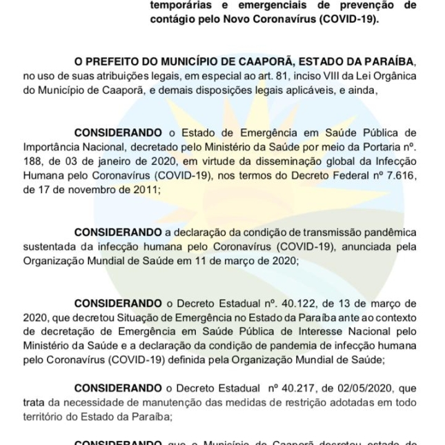 Prefeitura de Caaporã publica Decreto nº 146/2020
