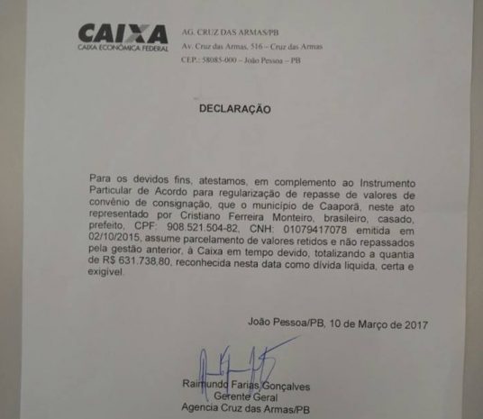 Prefeitura vai arcar com dívida de consignados superior a meio milhão deixada por ex-gestor em Caaporã