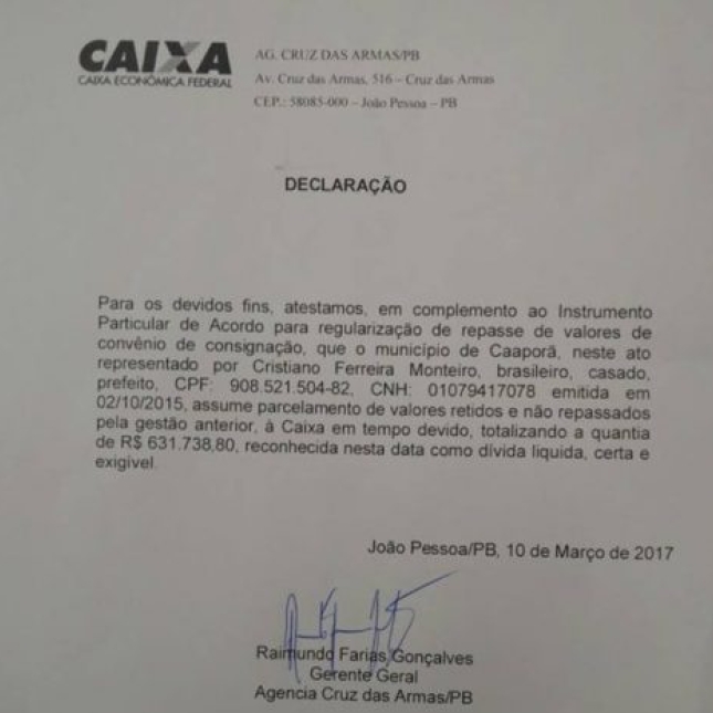 Prefeitura vai arcar com dívida de consignados superior a meio milhão deixada por ex-gestor em Caaporã