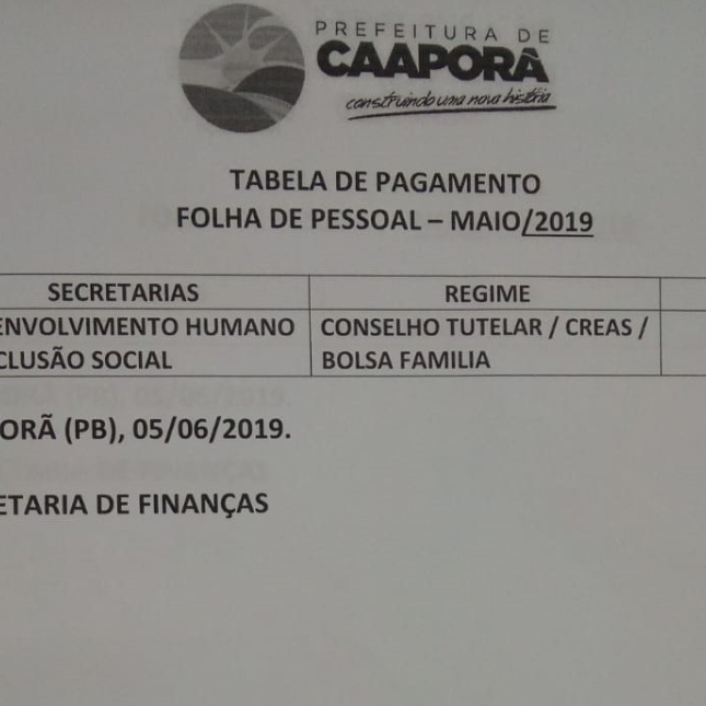TABELA DE PAGAMENTOS (05/06/2019).
