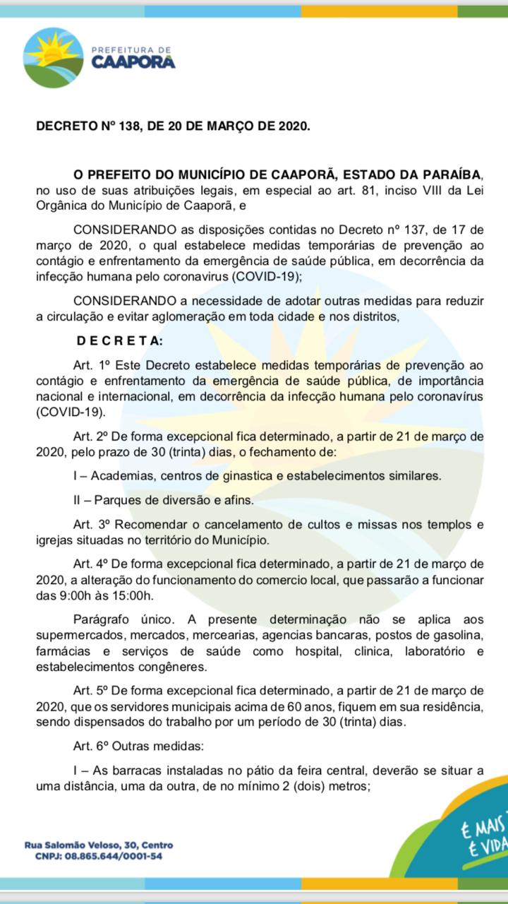 Prefeitura de Caaporã adota novas medidas na prevenção ao COVID-19