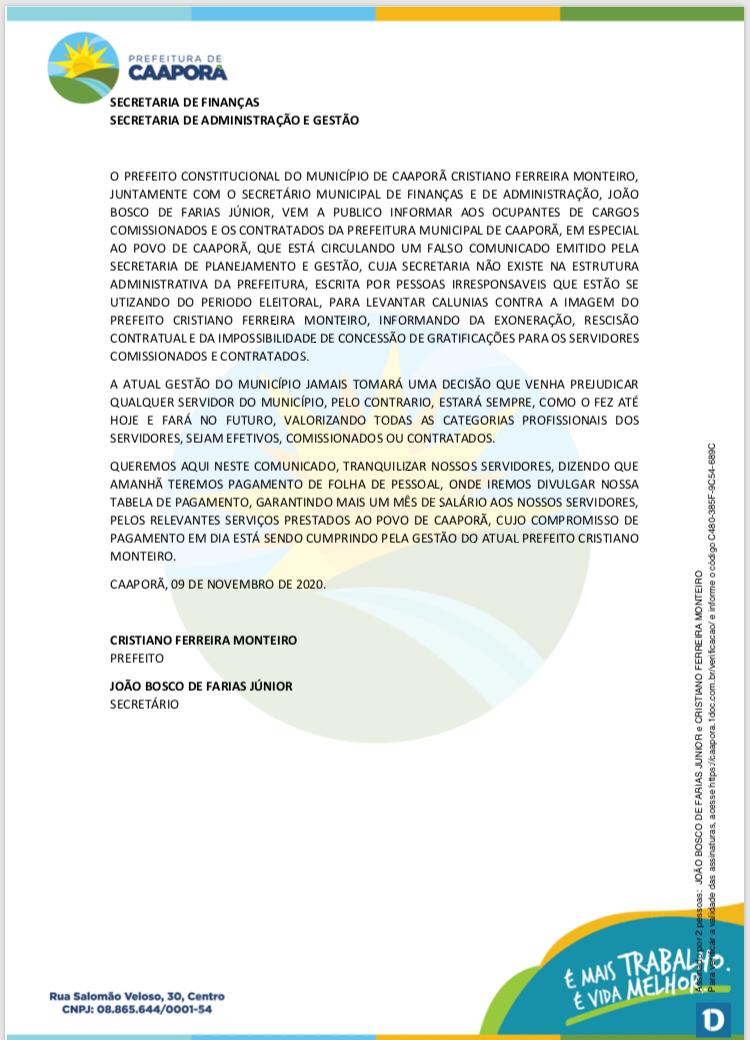 Prefeitura de Caaporã esclarece falso comunicado acerca de servidores comissionados e contratados do município