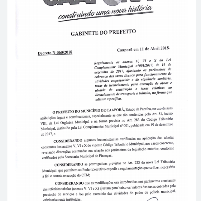 Prefeitura de Caaporã publica DECRETO N-60/2018