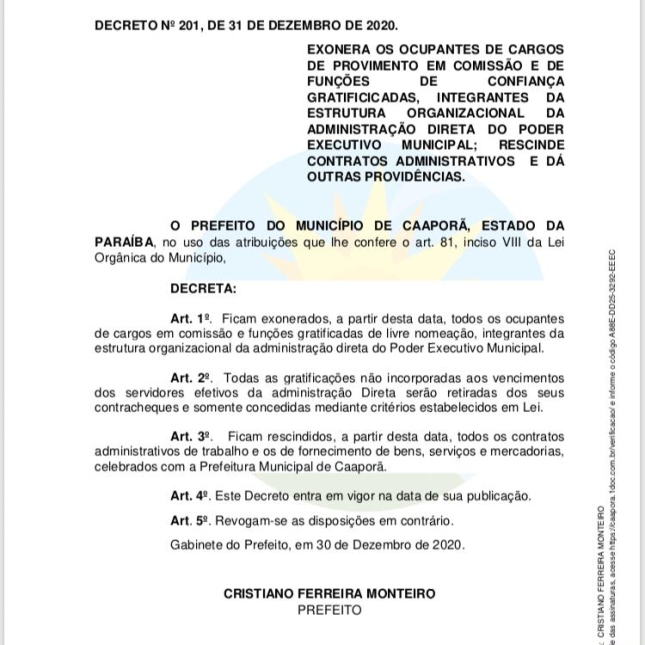 Prefeitura de Caaporã publica Decreto nº 201/2020