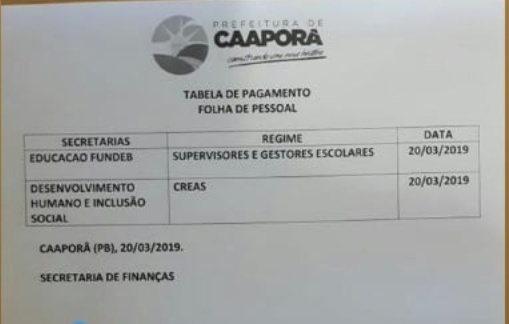 TABELA DE PAGAMENTO
