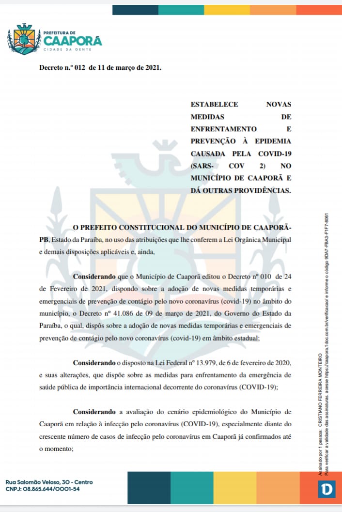 Prefeitura de Caaporã publica Decreto n.º 012/2021