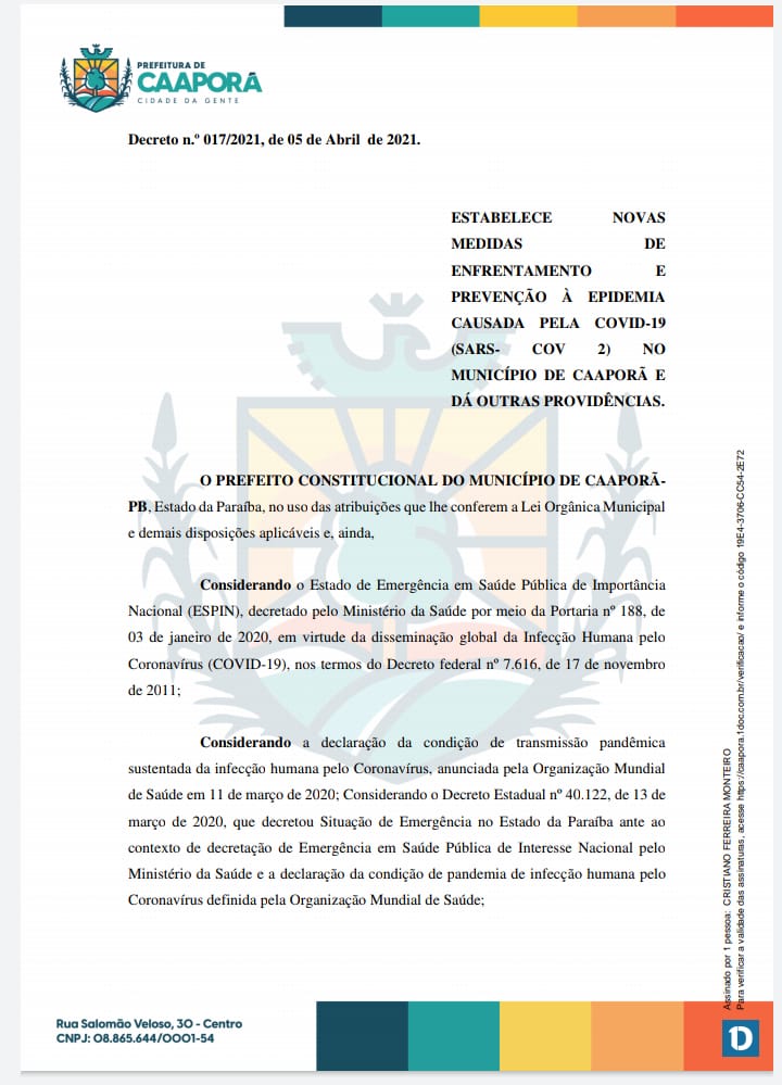 Prefeitura de Caaporã publica Decreto n.º 017/2021