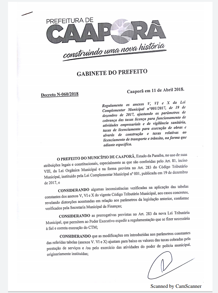 Prefeitura de Caaporã publica DECRETO N-60/2018