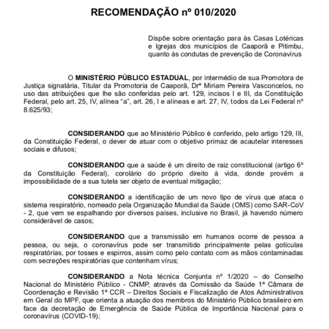 Ministério Público publica Recomendação nº 010/2020, afim de orientar Casas Lotéricas e Igrejas dos municípios de Caaporã e Pitimbu