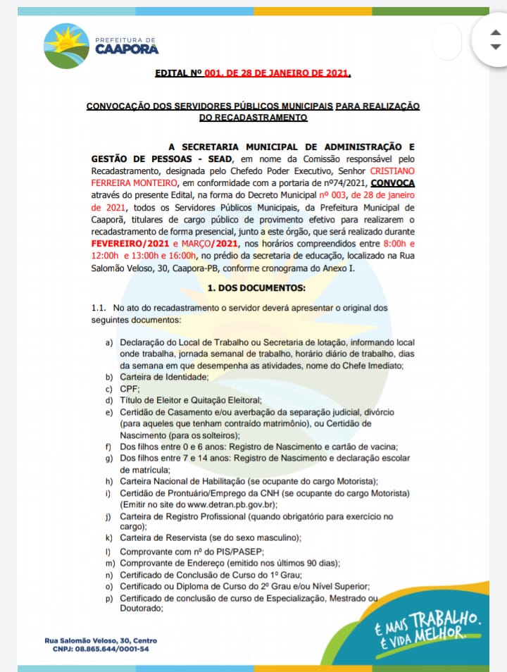 Prefeitura de Caaporã publica EDITAL Nº 001/2021, acerca do recadastramento de servidores